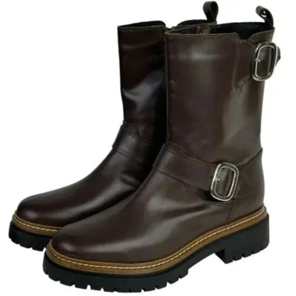 Fabianelli Womens Brown Leather Moto Biker Boots Sz 9.5 Double Buckle Italy